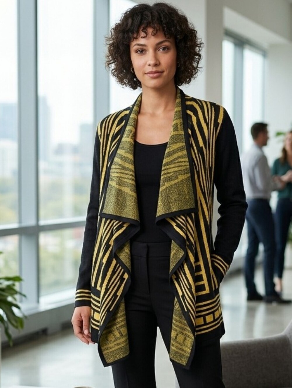 CARMEN MARC VALVO Open Front Cardigan, Black and Yellow, Size Large